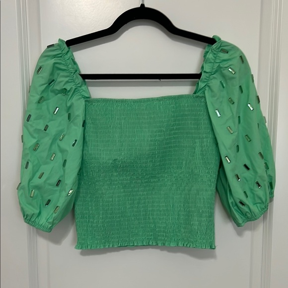 QUEEN OF SPARKLES Tops - QUEEN OF SPARKLES Green Smocked Puff Sleeve Blouse